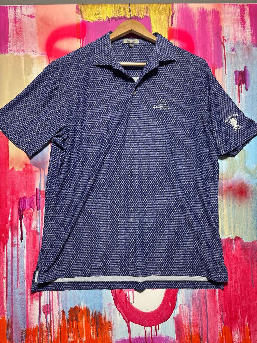 Peter Millar Summer Comfort Santaluz Valley Cup 2020 Blue Geo Print Golf Polo L